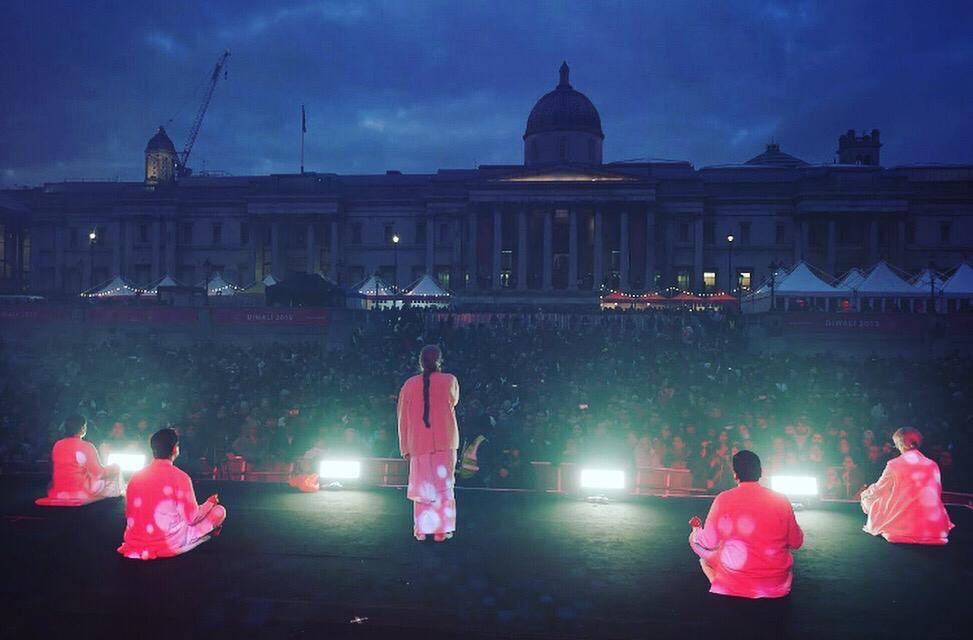 Sister Jayanti leads the crowd into a moment of quiet reflection at London's annual Diwali on Trafalgar Square celebrations, attended by over 40,000 people in 2019.