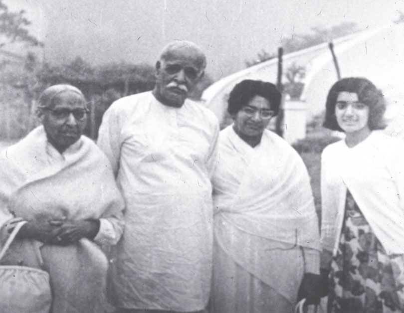 2nd L - Brahma Baba, Founder of The Brahma Kumaris, Rajniben (Sister Jayanti's mother) and Sister Jayanti as a young woman